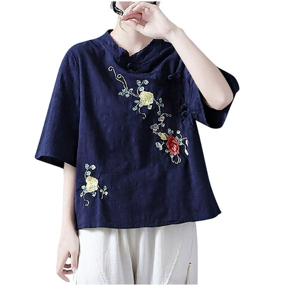 Busydd Womens Tops Plus Size M-4XL Trendy Solid Color Embroidered Summer Tops for Women Casual V Neck Button Going Out Tops for Women Short Sleeve Peasant Spring Blouses