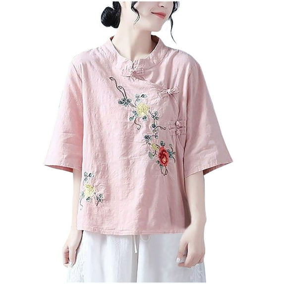 Busydd Womens Tops Plus Size M-4XL Trendy Solid Color Embroidered Summer Tops for Women Casual V Neck Button Going Out Tops for Women Short Sleeve Peasant Spring Blouses