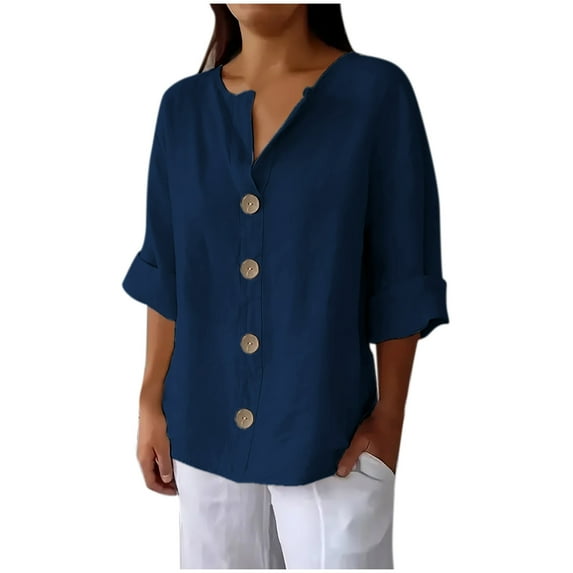 Busydd Womens Tops Plus Size S-4XL Casual Solid Color V Neck Summer Tops for Women Trendy 3/4 Lenght Sleeve Button Cotton Linen Shirts Spring Loose Going Out Tops for Women