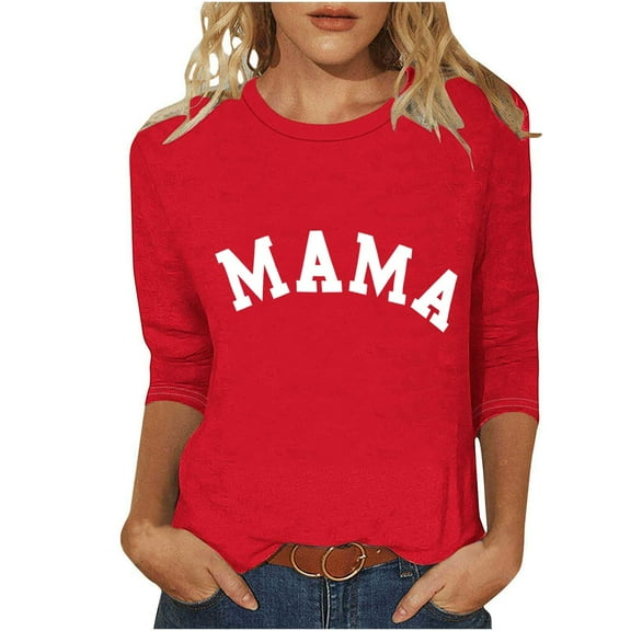 Busydd Womens Tops Plus Size S-5XL Fashion MAMA Print Mother's Day Tops Casual 3/4 Length Sleeve Summer Tops Comfortable Loose Round Neck Tee Shirts