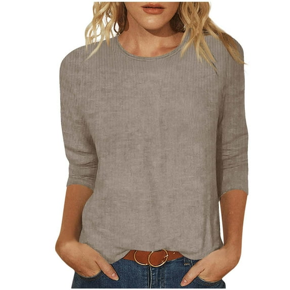 Busydd Womens Tops Plus Size S-5XL Trendy Casual 3/4 Length Sleeve Round Neck Spring Summer Blouses Solid Color Ribbed T Shirts for Women Loose Versatile Going Out Tops