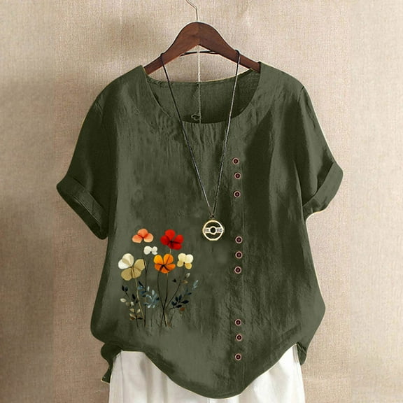 Busydd Womens Tops Plus Size Tops S-5XL Casual Oversized Short Sleeve Spring Summer Tops Trendy Print Cotton Linen Shirts Round Neck Button Blouses for Women