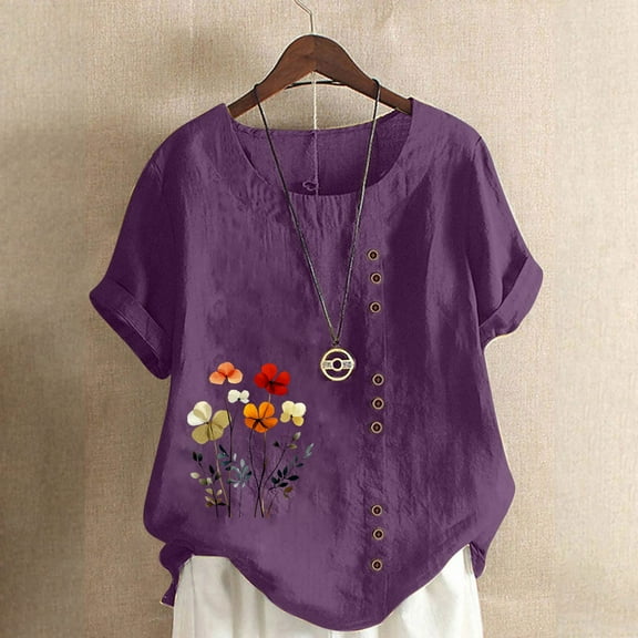 Busydd Womens Tops Plus Size Tops S-5XL Casual Oversized Short Sleeve Spring Summer Tops Trendy Print Cotton Linen Shirts Round Neck Button Blouses for Women
