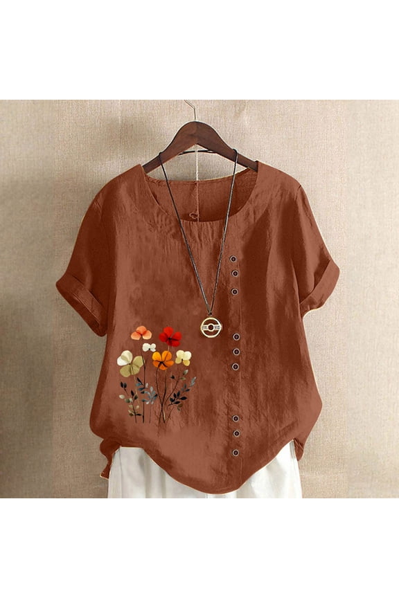 Womens Tops Plus Size Tops S-5XL Casual Oversized Short Sleeve Spring Summer Tops Trendy Print Cotton Linen Shirts Round Neck Button Blouses for Women