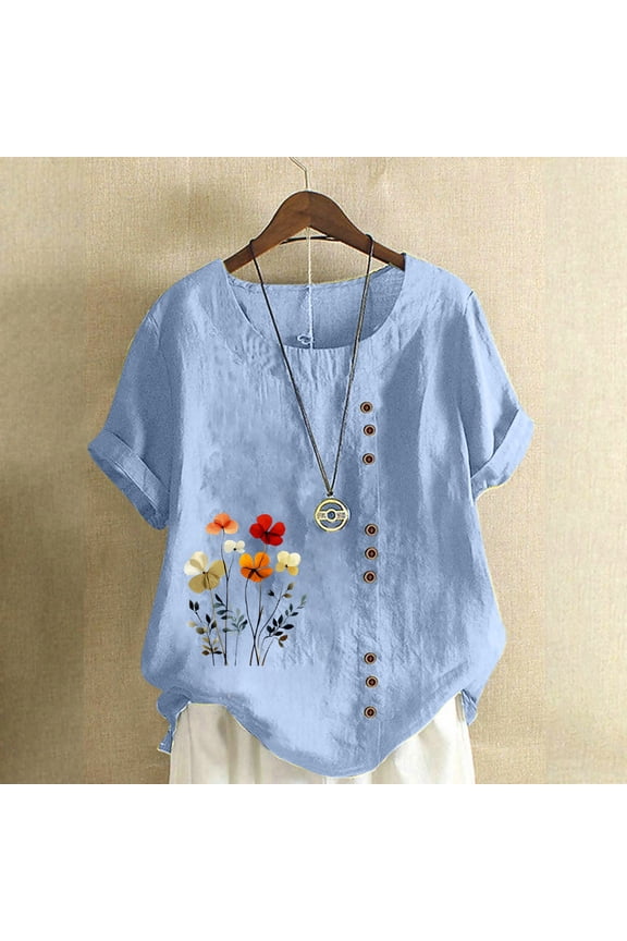 Womens Tops Plus Size Tops S-5XL Casual Oversized Short Sleeve Spring Summer Tops Trendy Print Cotton Linen Shirts Round Neck Button Blouses for Women