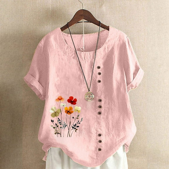 Busydd Womens Tops Plus Size Tops S-5XL Casual Oversized Short Sleeve Spring Summer Tops Trendy Print Cotton Linen Shirts Round Neck Button Blouses for Women