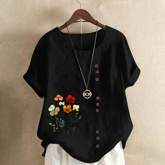 Busydd Womens Tops Plus Size Tops S-5XL Casual Oversized Short Sleeve Spring Summer Tops Trendy Print Cotton Linen Shirts Round Neck Button Blouses for Women