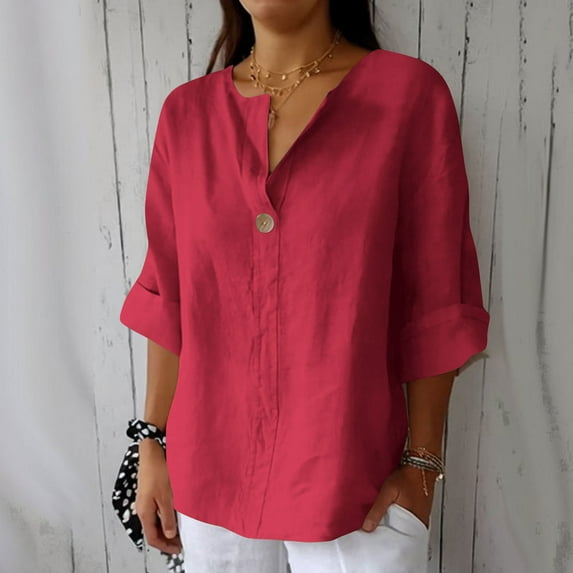 Busydd Womens Tops Plus Size Tops S-5XL Trendy Solid Color V Neck Summer Tops for Women Casual 3/4 Length Sleeve Button Going Out Tops for Women Spring Oversized Cotton Linen Shirts