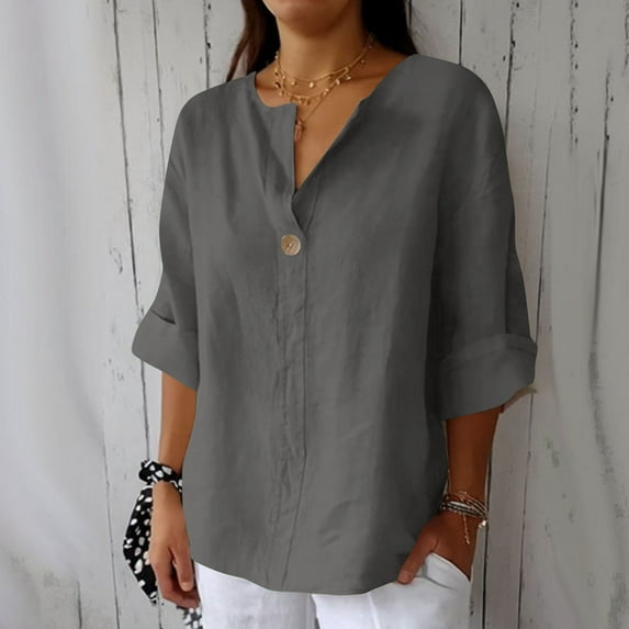 Busydd Womens Tops Plus Size Tops S-5XL Trendy Solid Color V Neck Summer Tops for Women Casual 3/4 Length Sleeve Button Going Out Tops for Women Spring Oversized Cotton Linen Shirts