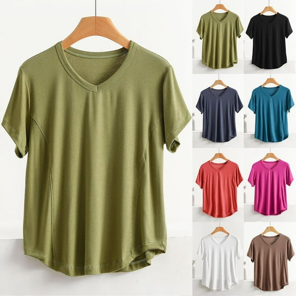 Busydd Womens Tops Plus Size XL-5XL Casual Short Sleeve V Neck Summer Tops Oversized Solid Color Cotton Undershirts Trendy Comfort Pajama Tops