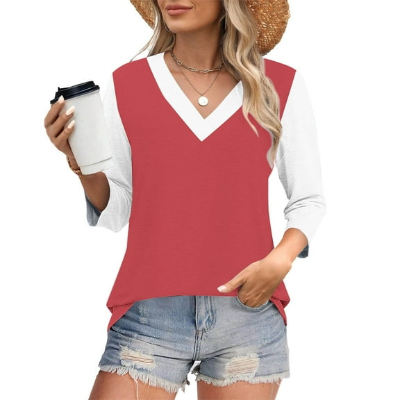 Busydd Womens Tops S-3XL Trendy Colorblock Patchwork Summer Tops for Women Casual V Neck 3/4 Lenght Sleeve Going Out Tops for Women Comfy Versatile Spring Tops