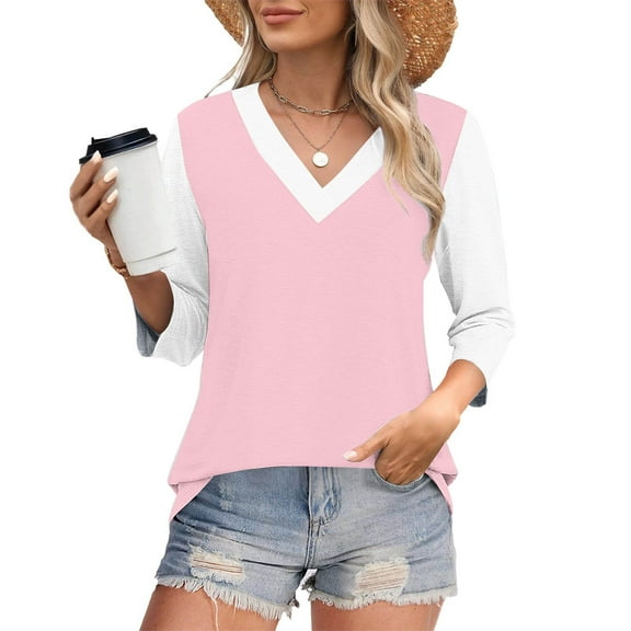 Busydd Womens Tops S-3XL Trendy Colorblock Patchwork Summer Tops for Women Casual V Neck 3/4 Lenght Sleeve Going Out Tops for Women Comfy Versatile Spring Tops