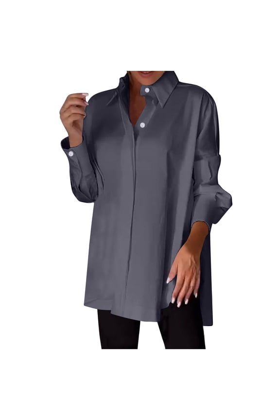 Womens Tops S-5XL Solid Color Lapel Button Down Shirts for Women Casual Fashion Chiffon Long Sleeve Blouses for Women Oversized Formal Dress Shirts