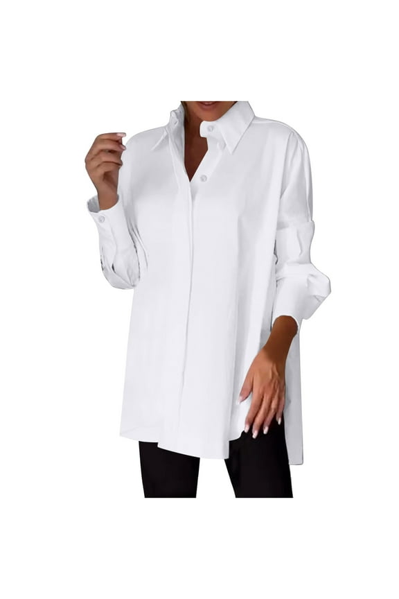 Womens Tops S-5XL Solid Color Lapel Button Down Shirts for Women Casual Fashion Chiffon Long Sleeve Blouses for Women Oversized Formal Dress Shirts