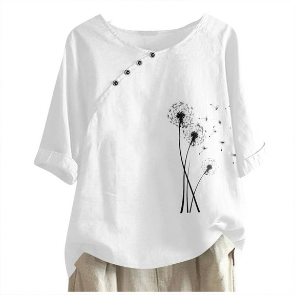 Busydd Womens Tops Short Sleeve Round Neck Summer Tops Comfort Breathable Cotton Linen Shirts Casual Fashion Button Down Tshirts Loose Fit Going Out Tops Funny Graphic Print Blouses for Women