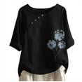 thumbnail image 1 of Busydd Womens Tops Short Sleeve Round Neck Summer Tops Comfort Breathable Cotton Linen Shirts Casual Fashion Button Down Tshirts Loose Fit Going Out Tops Funny Floral Print Blouses for Women, 1 of 3