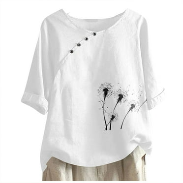 Busydd Womens Tops Short Sleeve Round Neck Summer Tops Comfort Breathable Cotton Linen Shirts Casual Fashion Button Down Tshirts Loose Fit Going Out Tops Simple Floral Print Blouses for Women