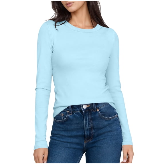Busydd Womens Tops Solid Color Round Neck Casual Tops for Women Comfortable Versatile Fall Womens Long Sleeve Tops L