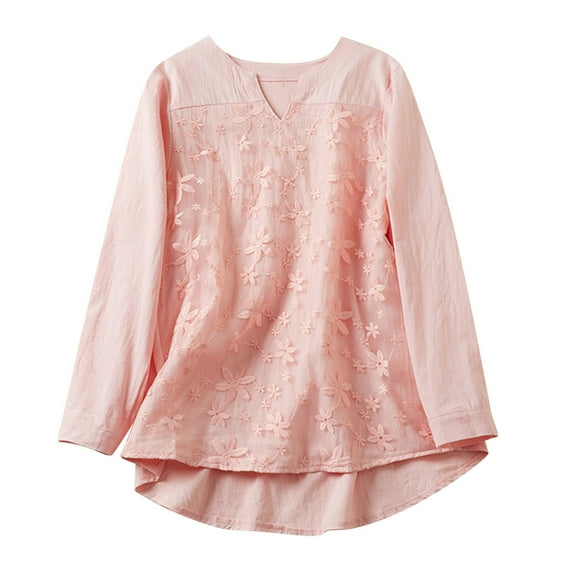 Busydd Womens Tops Spring Long Sleeve V Neck Cotton and Linen Shirts Solid Color Embroidered Blouses Tops Summer Casual Loose Tee Tops for Trendy,Plus Size Tops for Women Sizes S-3XL