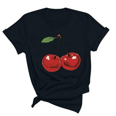 Busydd Womens Tops Stylish Cherries Graphic Tee Shirts Round Neck Short Sleeve Summer Tops Regular Casual T-Shirts for Women