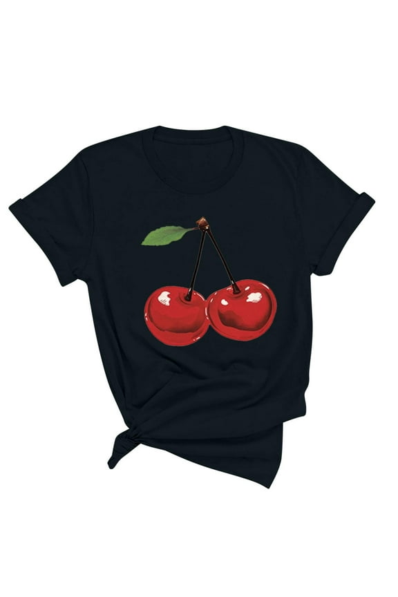 Womens Tops Stylish Cherries Graphic Tee Shirts Round Neck Short Sleeve Summer Tops Regular Casual T-Shirts for Women
