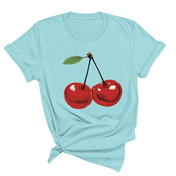 Busydd Womens Tops Stylish Cherries Graphic Tee Shirts Round Neck Short Sleeve Summer Tops Regular Casual T-Shirts for Women