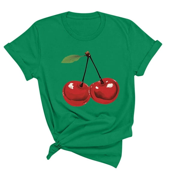Busydd Womens Tops Stylish Cherries Graphic Tee Shirts Round Neck Short Sleeve Summer Tops Regular Casual T-Shirts for Women