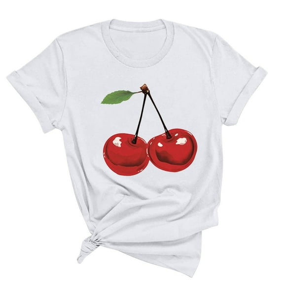 Busydd Womens Tops Stylish Cherries Graphic Tee Shirts Round Neck Short Sleeve Summer Tops Regular Casual T-Shirts for Women