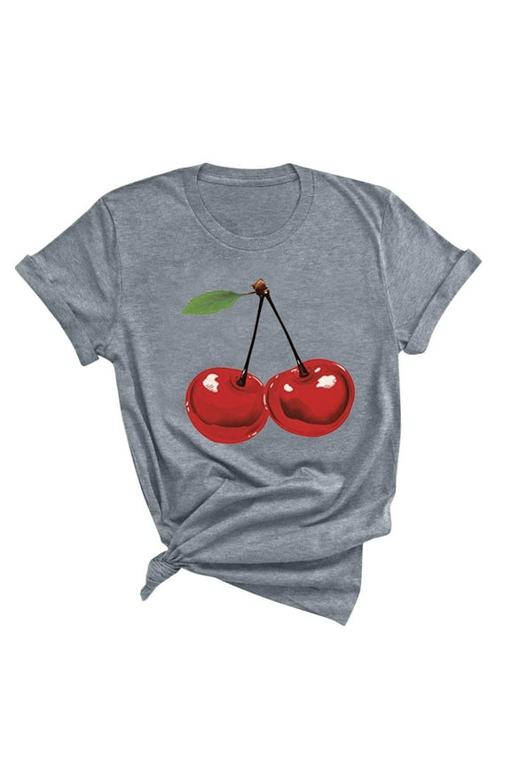 Womens Tops Stylish Cherries Graphic Tee Shirts Round Neck Short Sleeve Summer Tops Regular Casual T-Shirts for Women