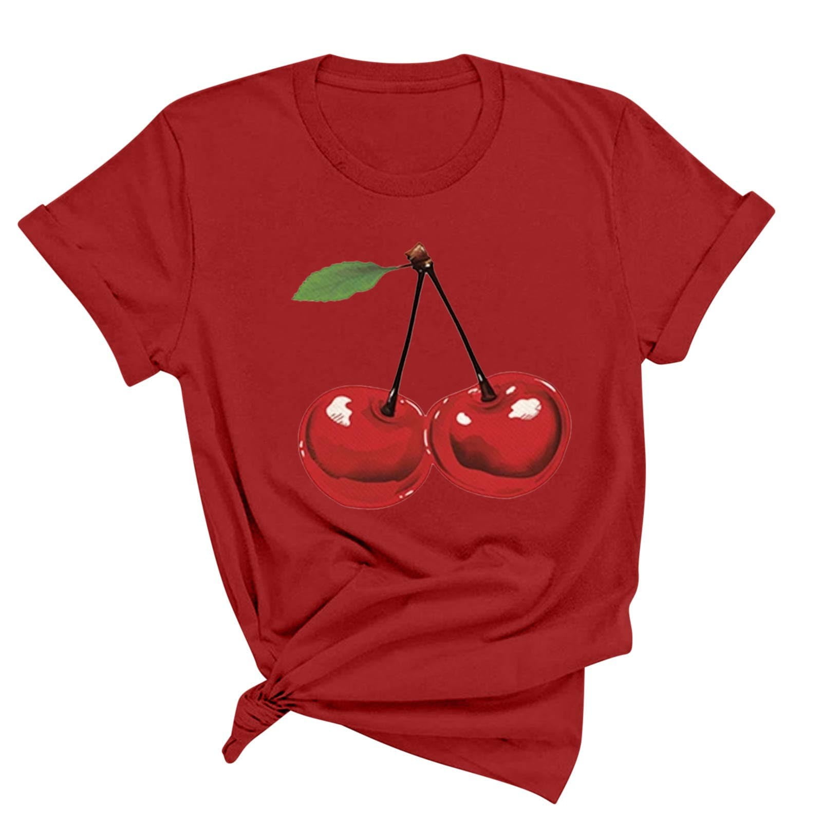 Busydd Womens Tops Stylish Cherries Graphic Tee Shirts Round Neck