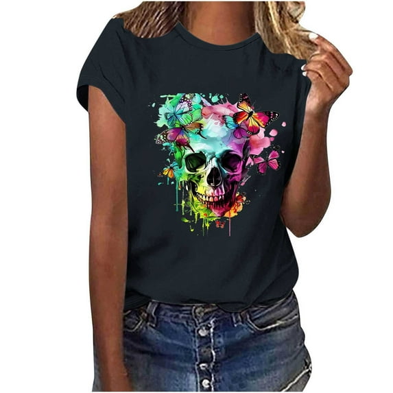 Busydd Womens Tops Stylish Skull Print T Shirts for Women Casual Short Sleeve Round Neck Summer Tops Comfortable Cotton Graphic Tees S