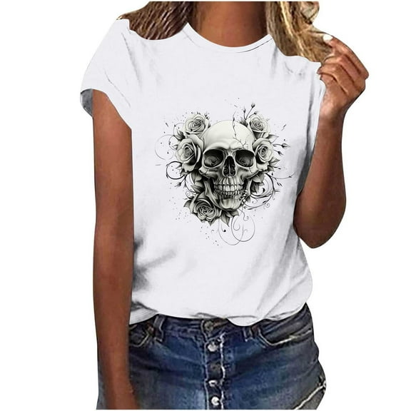 Busydd Womens Tops Stylish Skull Print T Shirts for Women Casual Short Sleeve Round Neck Summer Tops Comfortable Cotton Graphic Tees S