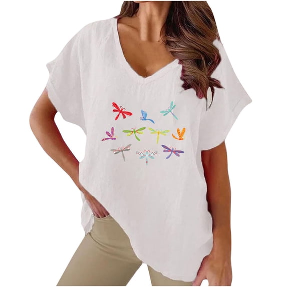 Busydd Womens Tops Summer Casual V Neck Blouses Fashion Cute Graphic Tee Tops Loose Comfy Short Sleeve T Shirts Stylish Flowy Basic Going Out Tops Cotton Linen Shirts