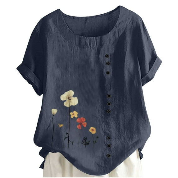 Busydd Womens Tops Summer Short Sleeve Round Neck Blouses Cotton Linen Button Down T Shirts Fashion Casual Floral Print Tee Tops Comfy Loose Versatile Going Out Tops Plus Size Tops S-5XL
