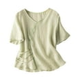 thumbnail image 1 of Busydd Womens Tops Summer Short Sleeve V Neck Linen Shirts Retro Embroidered Blouses Bottom Button Solid Color T Shirts Loose Flowy Pullover Tops, 1 of 4