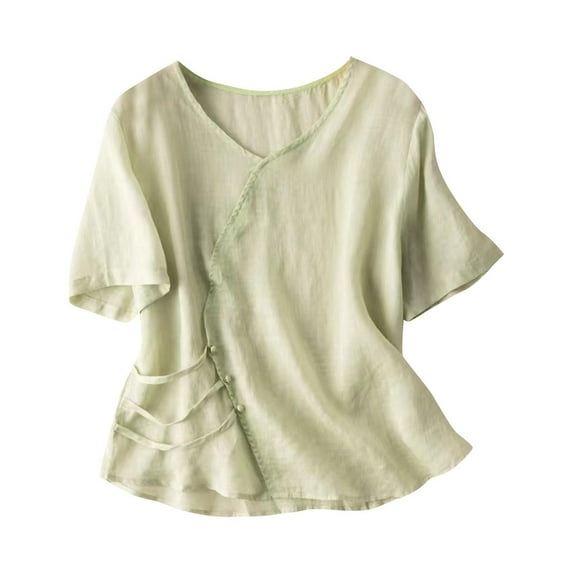 Busydd Womens Tops Summer Short Sleeve V Neck Linen Shirts Retro Embroidered Blouses Bottom Button Solid Color T Shirts Loose Flowy Pullover Tops