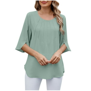 Busydd Womens Tops Trendy Chiffon 3/4 Length Sleeve Spring Summer Blouses Solid Color Round Neck T Shirts for Women Casual Pleated Loose Going Out Tops