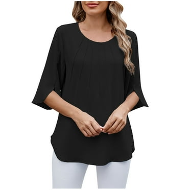 Busydd Womens Tops Trendy Chiffon 3/4 Length Sleeve Spring Summer Blouses Solid Color Round Neck T Shirts for Women Casual Pleated Loose Going Out Tops