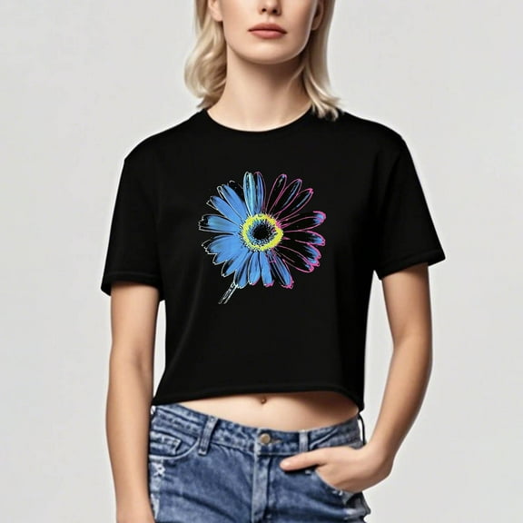 Busydd Womens Tops Trendy Round Neck Graphic Tees for Women Summer Casual Short Sleeve Crop Tops for Women Comfy Floral Print Cotton Womens T Shirts M