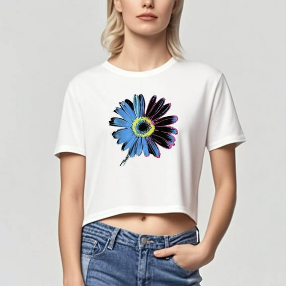 Busydd Womens Tops Trendy Round Neck Graphic Tees for Women Summer Casual Short Sleeve Crop Tops for Women Comfy Floral Print Cotton Womens T Shirts M