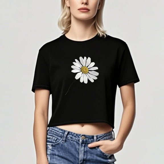 Busydd Womens Tops Trendy Round Neck Graphic Tees for Women Summer Casual Short Sleeve Crop Tops for Women Comfy Floral Print Cotton Womens T Shirts M