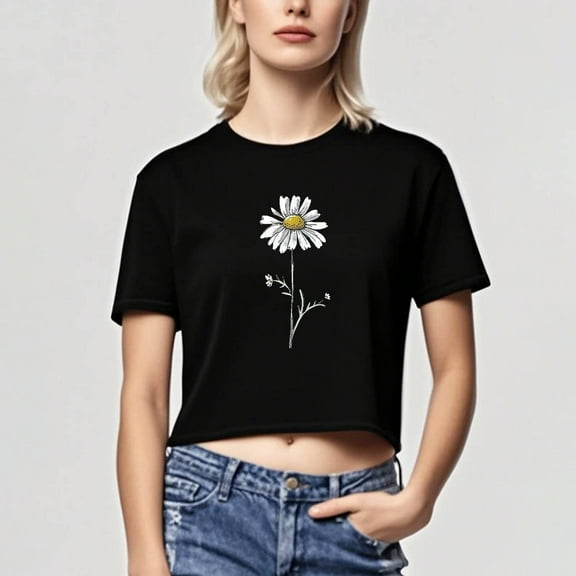 Busydd Womens Tops Trendy Round Neck Graphic Tees for Women Summer Casual Short Sleeve Crop Tops for Women Comfy Floral Print Cotton Womens T Shirts M