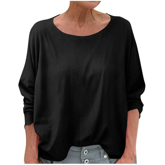 Busydd Womens Tops Trendy Solid Color Round Neck Summer Tops Casual Loose Long Sleeve Going Out Tops for Women 2XL