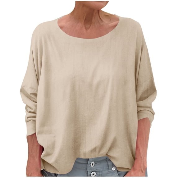 Busydd Womens Tops Trendy Solid Color Round Neck Summer Tops Casual Loose Long Sleeve Going Out Tops for Women 2XL