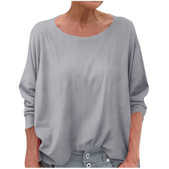 Busydd Womens Tops Trendy Solid Color Round Neck Summer Tops Casual Loose Long Sleeve Going Out Tops for Women M