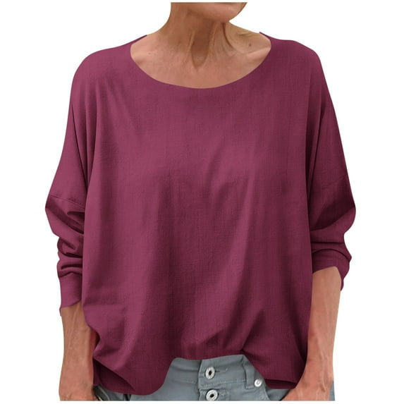 Busydd Womens Tops Trendy Solid Color Round Neck Summer Tops Casual Loose Long Sleeve Going Out Tops for Women M