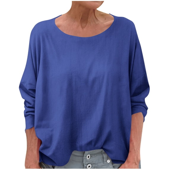 Busydd Womens Tops Trendy Solid Color Round Neck Summer Tops Casual Loose Long Sleeve Going Out Tops for Women M