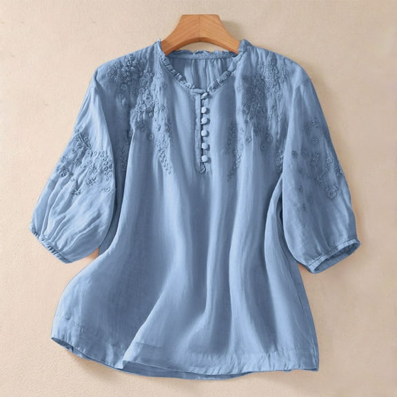 Busydd Womens Tops Trendy Solid Color Short Sleeve Summer Tops for Women Casual Round Neck Embroidered Peasant Blouses Comfortable Cotton Linen Shirts Women Blouses