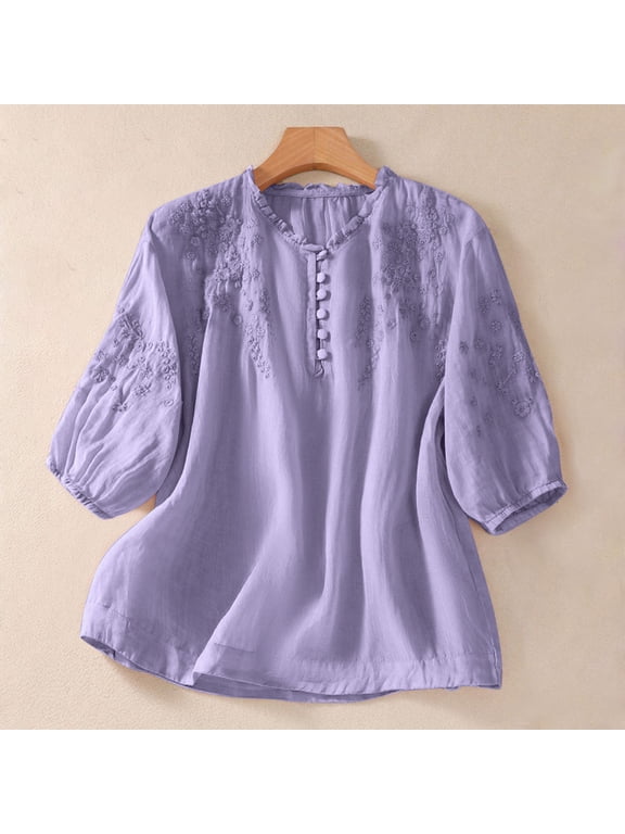 Womens Tops Trendy Solid Color Short Sleeve Summer Tops for Women Casual Round Neck Embroidered Peasant Blouses Comfortable Cotton Linen Shirts Women Blouses