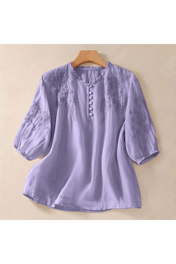 Womens Tops Trendy Solid Color Short Sleeve Summer Tops for Women Casual Round Neck Embroidered Peasant Blouses Comfortable Cotton Linen Shirts Women Blouses